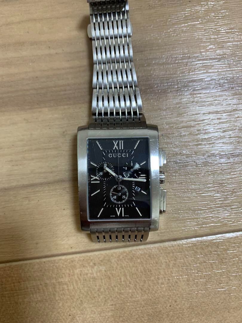 GUCCI Chronograph G Metro Dial Black 8600M Quartz Silver Band SS