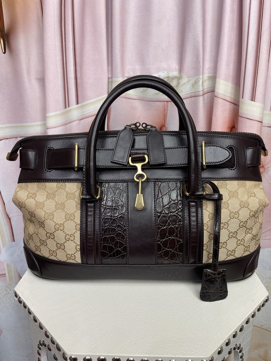 Gucci Monogram Crocodile Web Secret Top Handle Satchel Brown