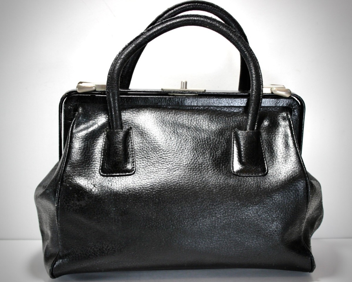 Vintage PRADA Black Leather Metal Frame Dr Bag Cerniera Double