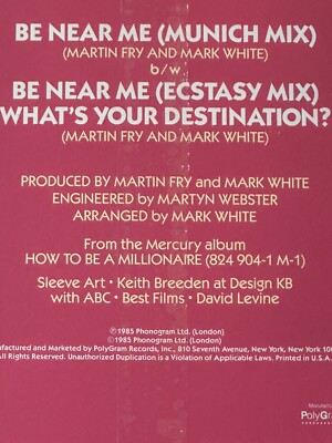 ABC - BE NEAR ME 1985 US SEALED 12” VINYL/MAXI MUNICH & ECSTASY