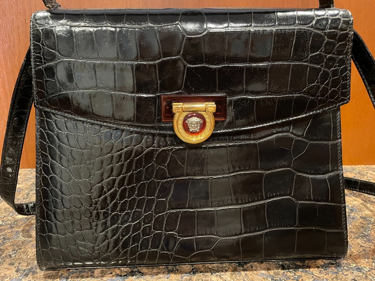 Authentic! Gianni Versace Vintage Black Crocodile Embossed Bag | eBay