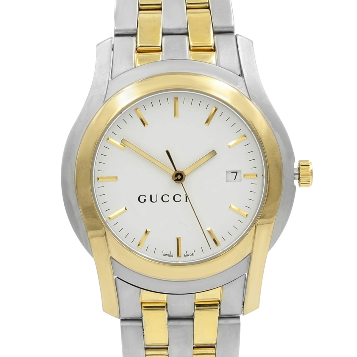 Gucci 5500 XL Two Tone Steel White Sticks Dial Quartz Mens Watch
