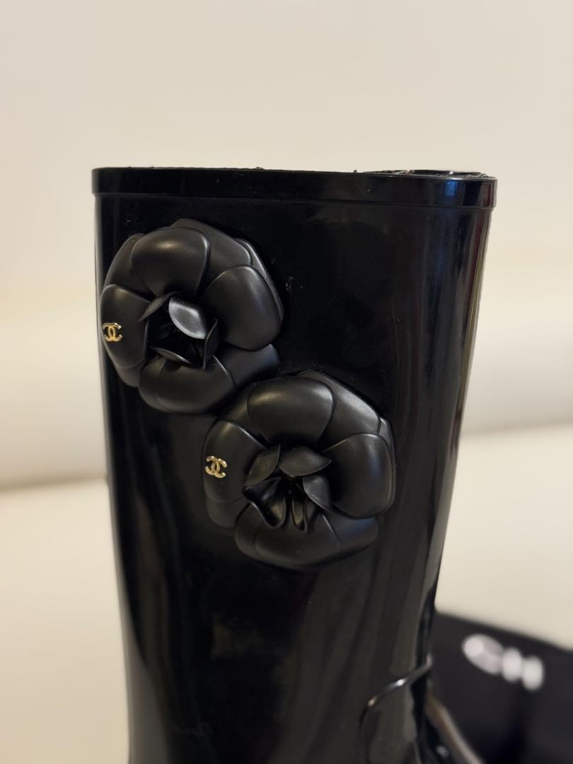 CHANEL Black Rain Boots 36 Rubber Waterproof Shoes 23cm Logo