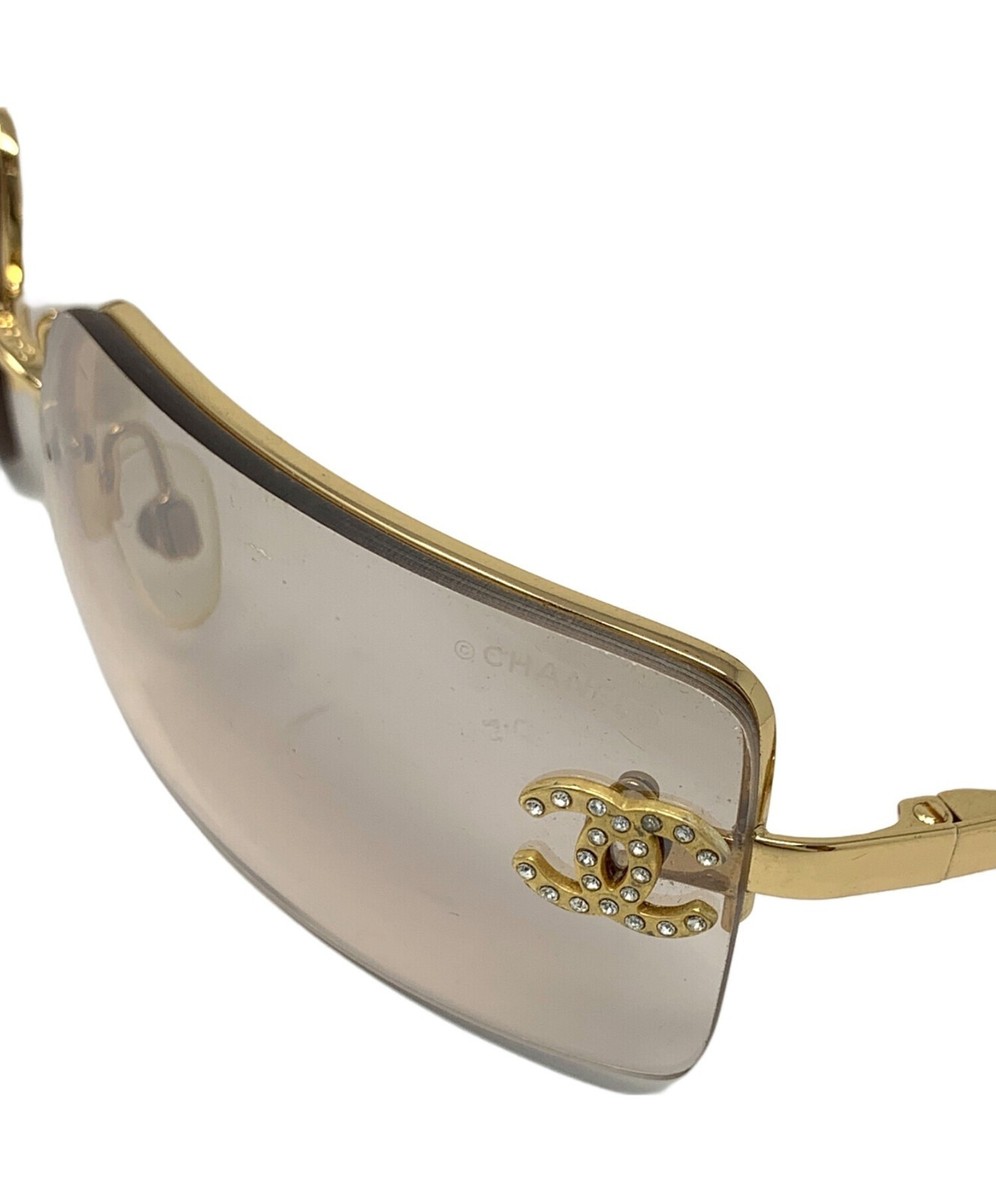 CHANEL CoCo Mark Rhinestones Sunglasses Eyewear Shades Gold Black