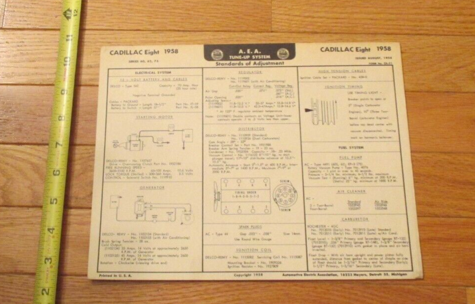 Cadillac Eight 1958 Car Automobile Tune Up System Chart Diagram | eBay