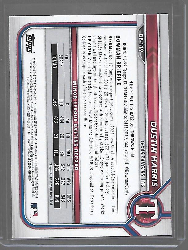 2022 Bowman Prospects #BP119 Dustin Harris RC | eBay