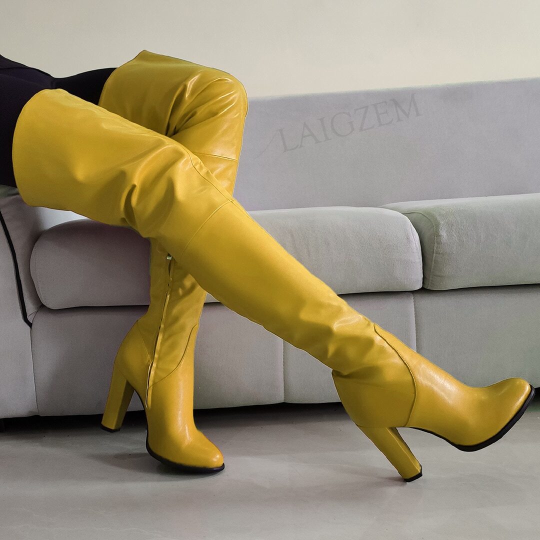 Women Thigh High Boots Round Toe Side Zip Chunky Heels Over Knee