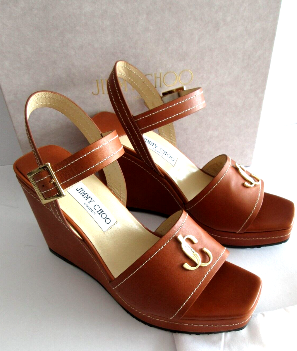 NEW Jimmy Choo London JC Wedge Leather sandals 110 OVJC Tan 41.5