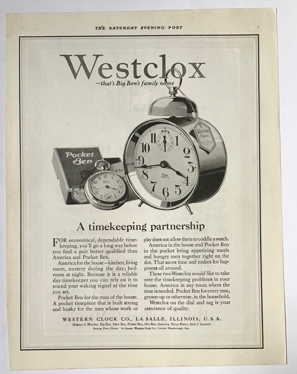 1921 magazine ad for Westclox - Pocket Big Ben, America alarm