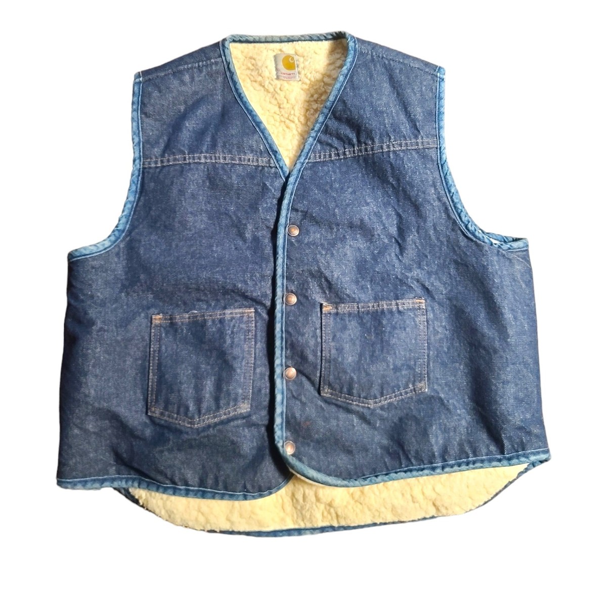 Vintage Carhartt Sherpa Lined Denim Vest Men's XL Made USA Grandpa