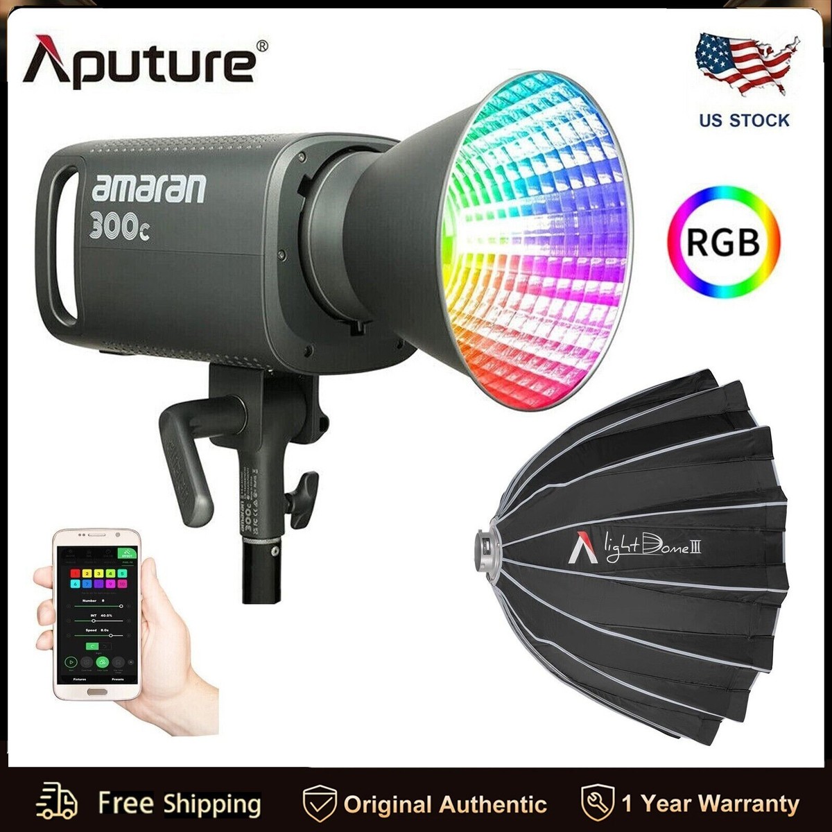 Aputure Amaran 300c RGBWW LED Video Light 300W with Dome III