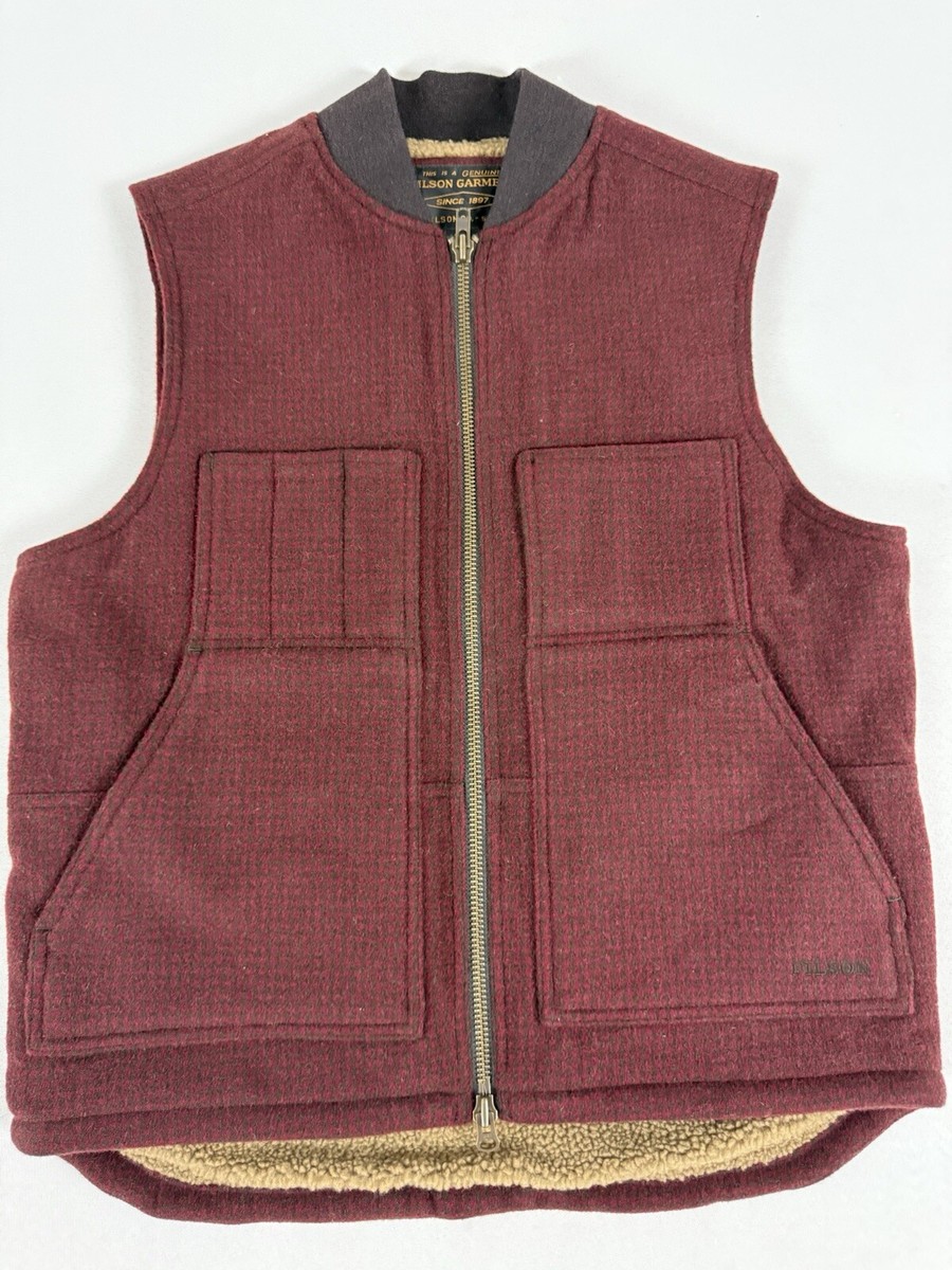 FILSON LINED MACKINAW WOOL WORK VEST DARK RED/BLACK HOUNDSTOOTH L