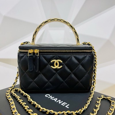 CHANEL 23A Mini Vanity Case Top Handle Black Quilted Lambskin Gold