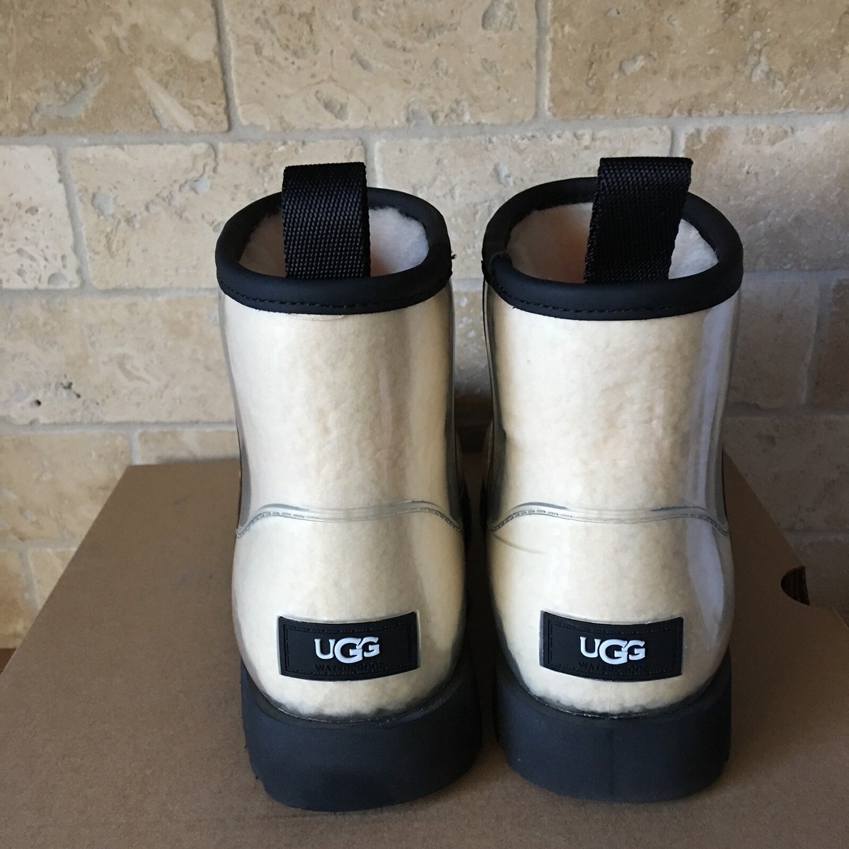 UGG CLASSIC CLEAR MINI NATURAL BLACK FUR WATERPROOF ANKLE BOOT