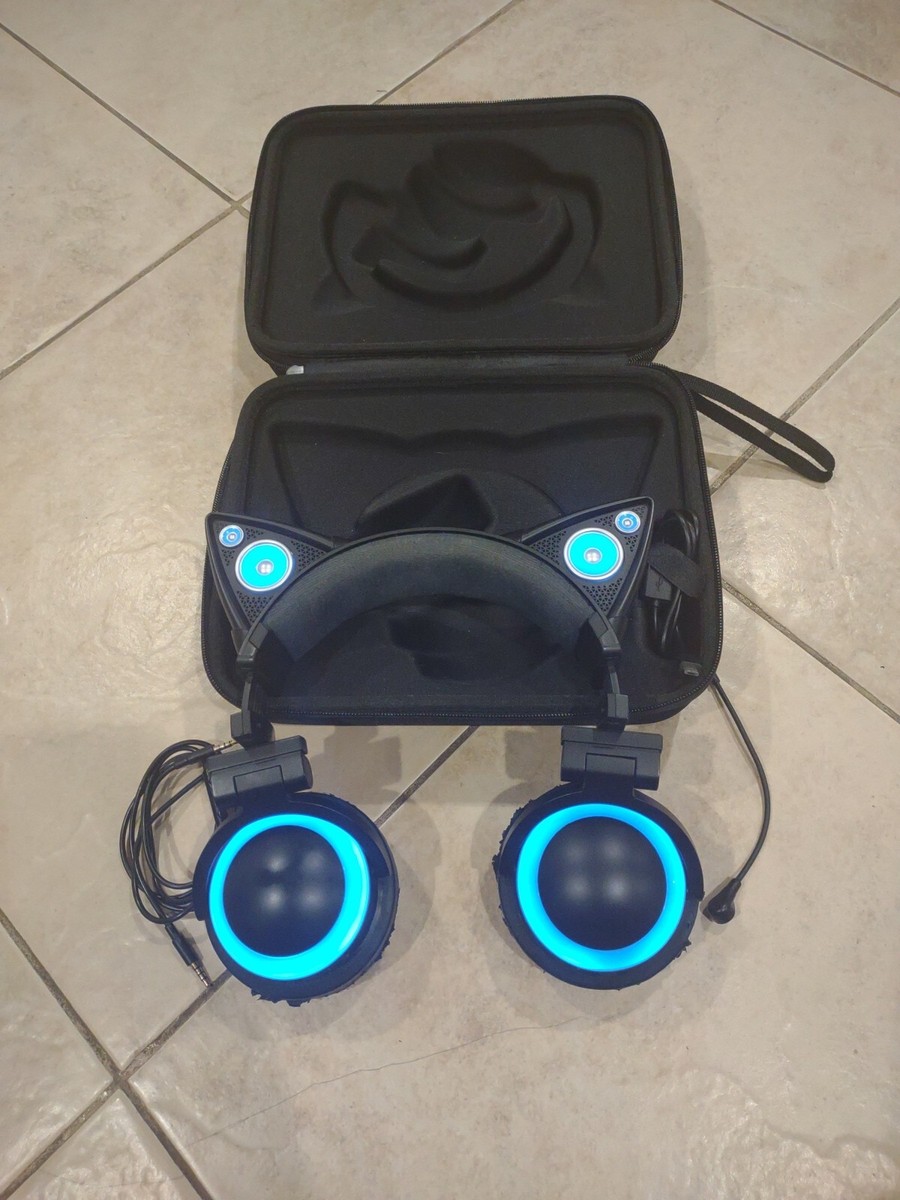 Brookstone Cat Ear Headphones With Blue LED Lights Case Speakers