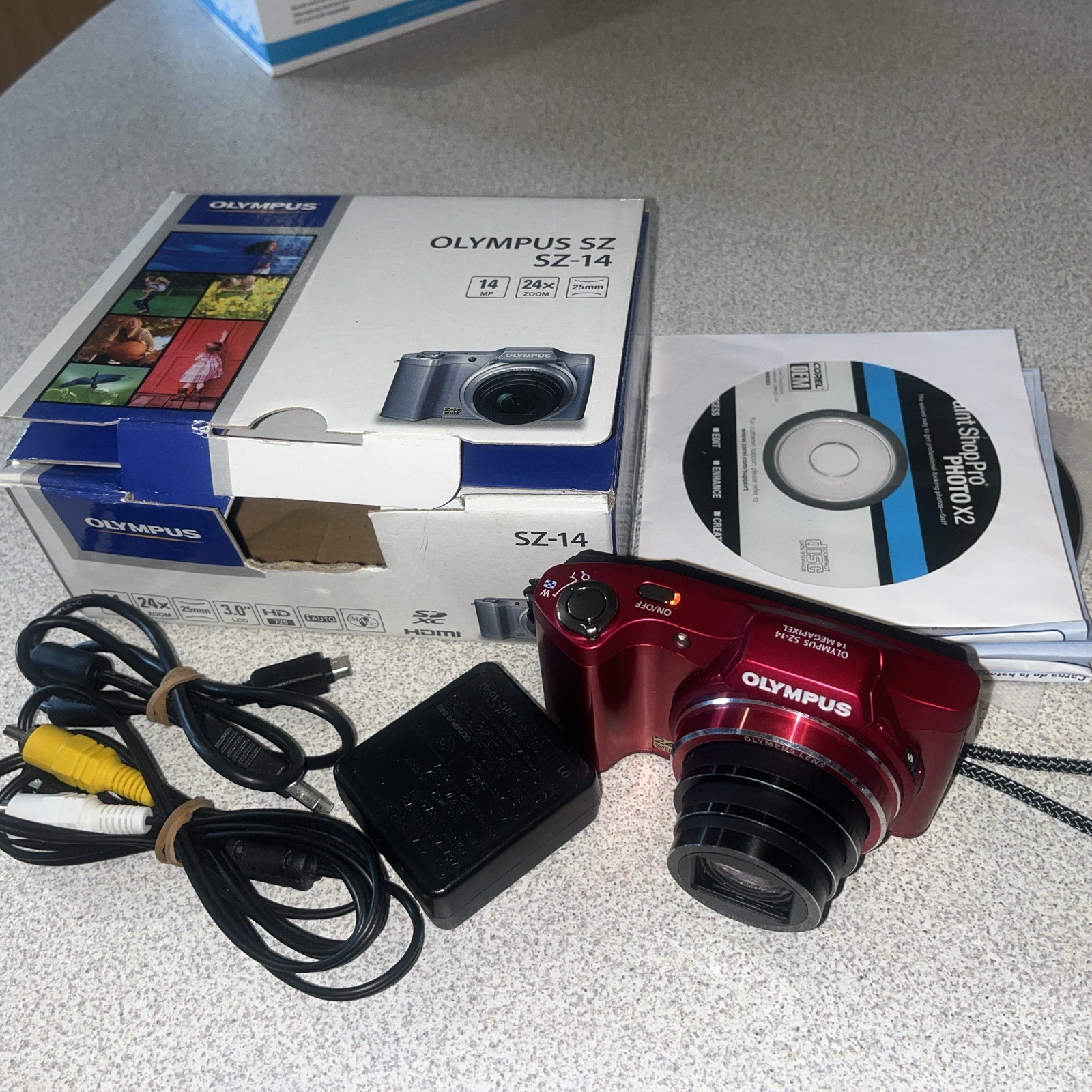Olympus SZ-14 14MP RED Pocket Digital Camera, Battery, CDs