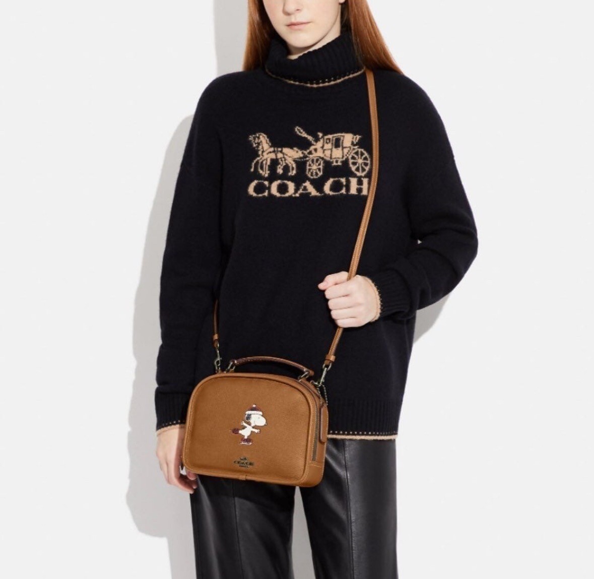 COACH X PEANUTS LUNCH PAIL Snoopy Ice Skate Motif Brown Leather