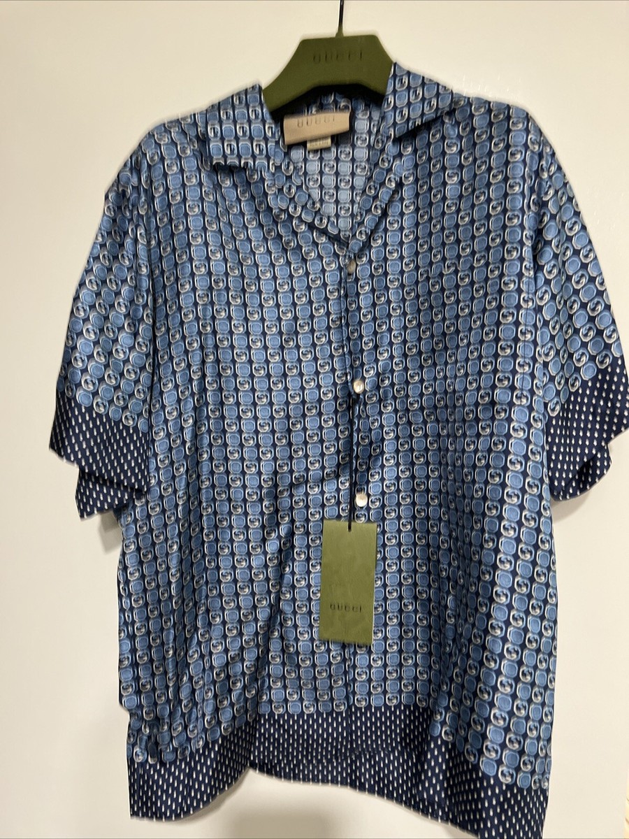Gucci Authentic New Blue Size 46 100% Silk Men's Shirt Italy | eBay