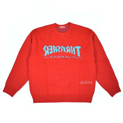 NWT Supreme Thrasher Red Jacquard Knit Logo Crewneck Sweater M