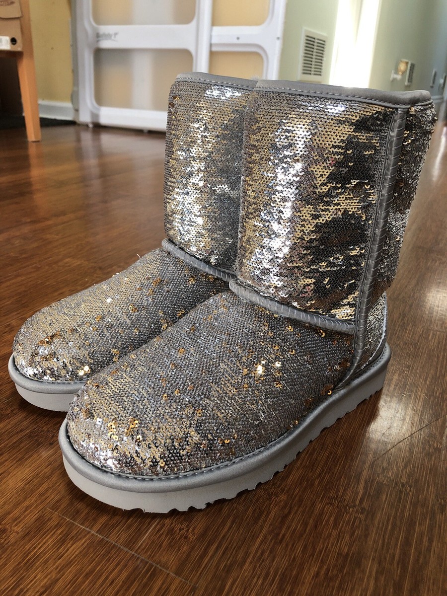 AUTH UGG CLASSIC SHORT SEQUIN COSMOS SILVER GOLD BOOTS WOMEN 6 37