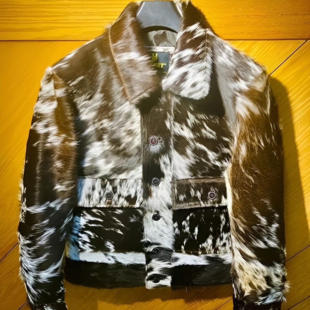 Men's Western Cowhide Jacket with Real Hair-on Pony Skin Cow Print