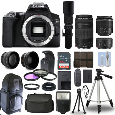 Canon EOS 250D / SL3 DSLR + 6 Lens 18-55mm, 75-300mm, 50mm, 500mm