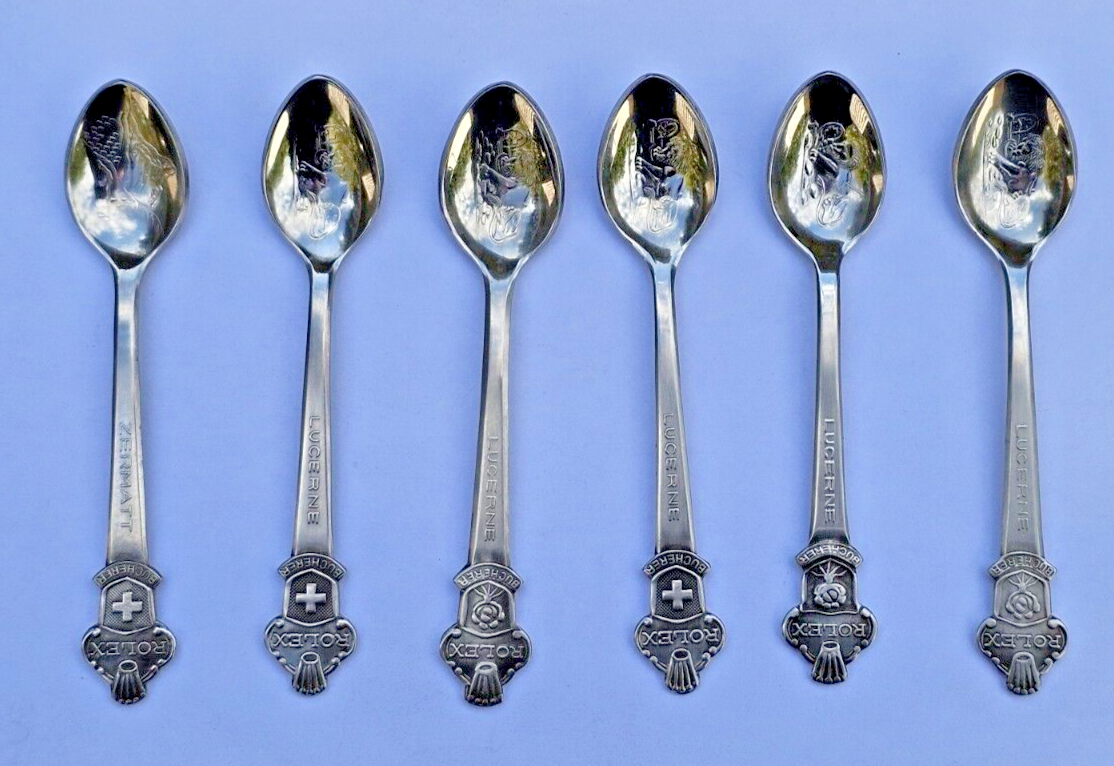 Six(6) Vintage Authentic ROLEX Stainless Souvenir Spoons Bucherer