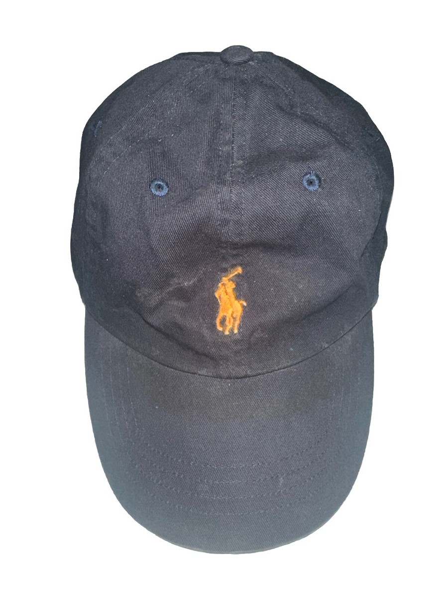 Polo Ralph Lauren VTG Leather Strapback Hat Navy Blue Orange Pony