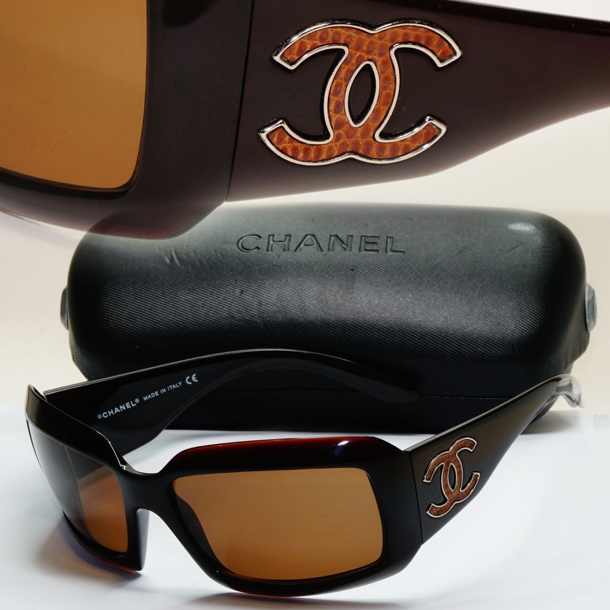 Chanel Sunglasses 2007 Vintage Brown Leather Large Logo 6022-Q-M c