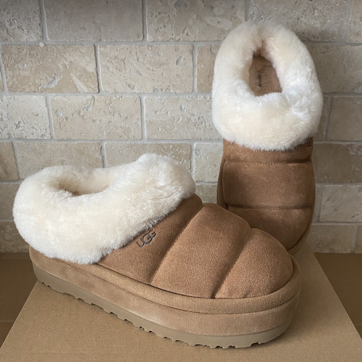 UGG TAZZLITA CHESTNUT SUEDE SHEARLING LINED PLATFROM SLIPPERS SIZE