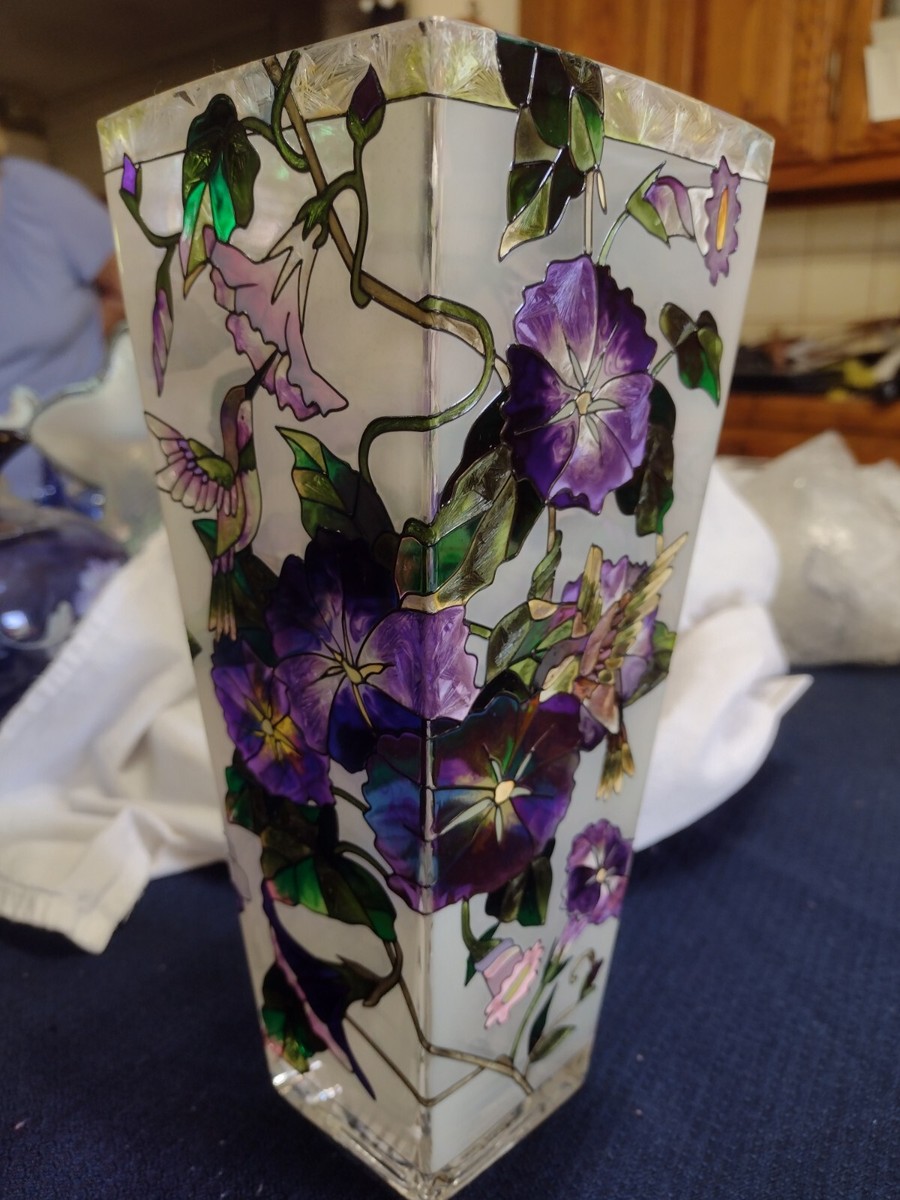 Amia Hand Painted Stained Glass Vase Purple & Pink Hummingbird