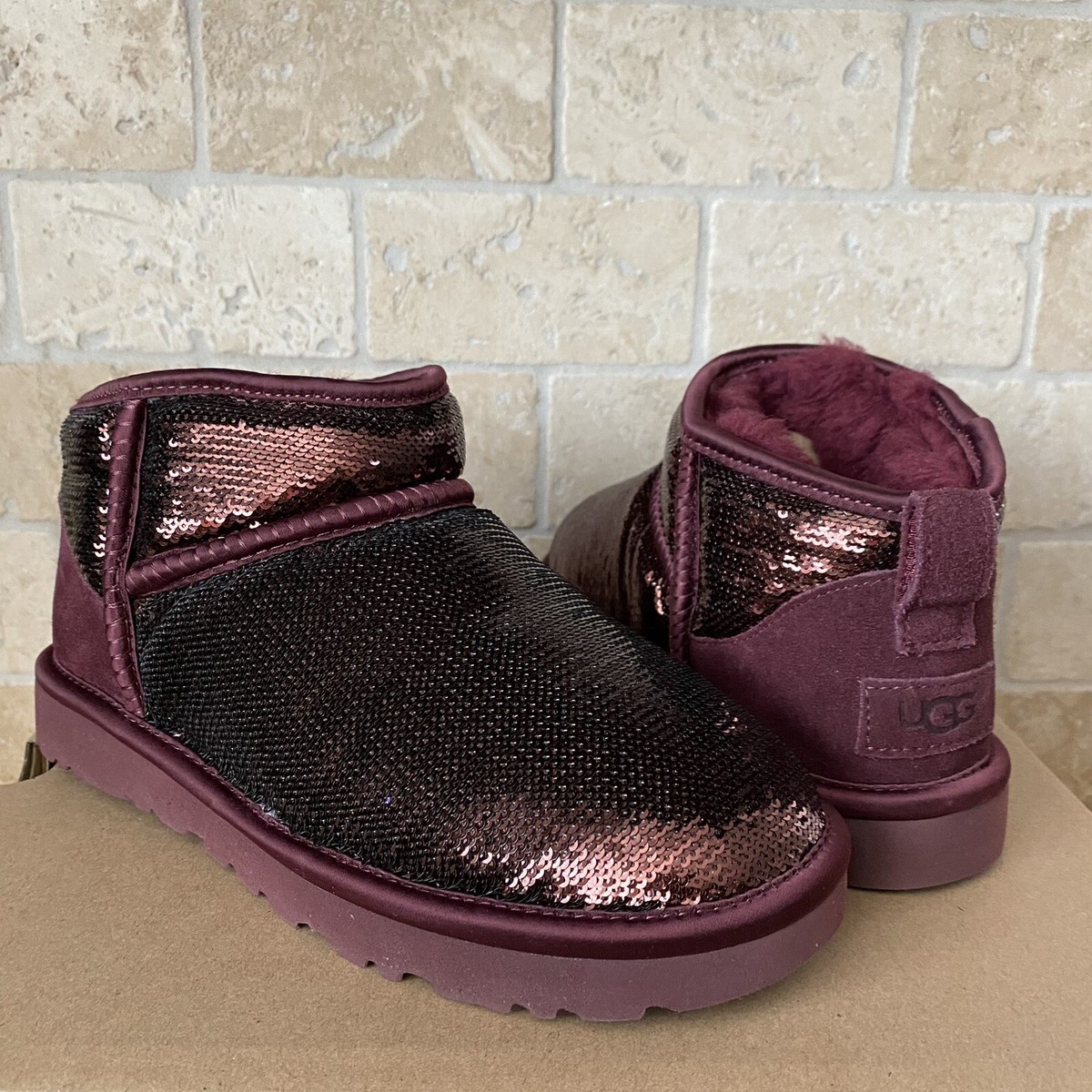 UGG CLASSIC ULTRA MINI MIRROR BALL WILD GRAPE SEQUIN SPARKLE BOOT
