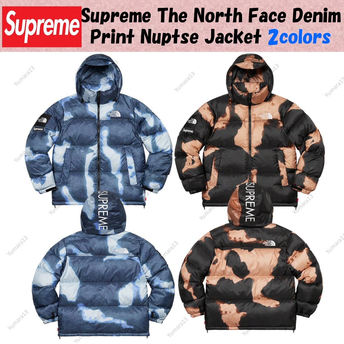 Supreme The North Face Bleached Denim Print Nuptse Jacket 2colors