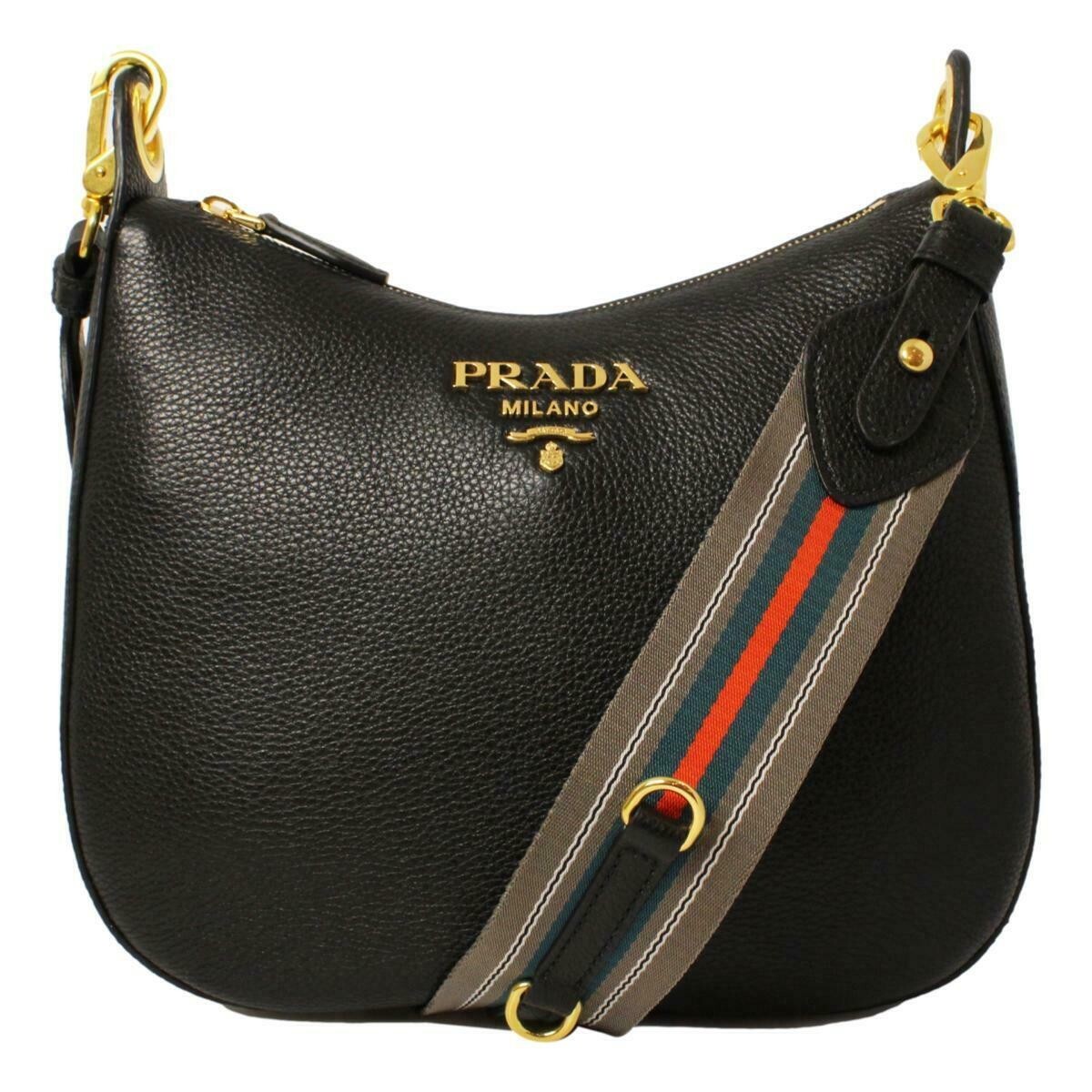 $3100~ New Prada 1BC166 Black Vitello Phenix Leather Web Stripe