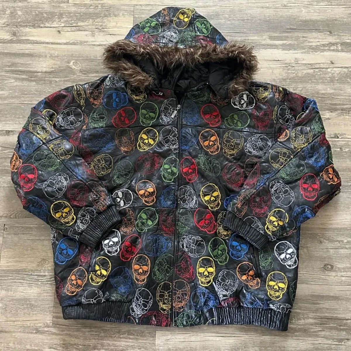 Vintage Y2K Skulls All Over Print AOP Leather Bomber Jacket W/ Fur