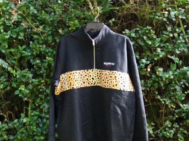 SUPREME LEOPARD PANEL HALF ZIP SWEATSHIRT LARGE FW18 2018 BLACK
