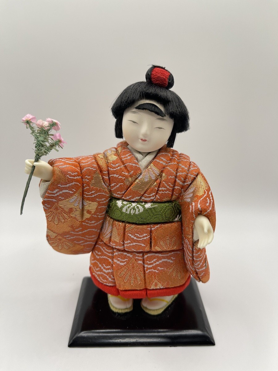 Japanese Mataro Doll Kimekomi Ningyo Kimono Figurine Wood Base