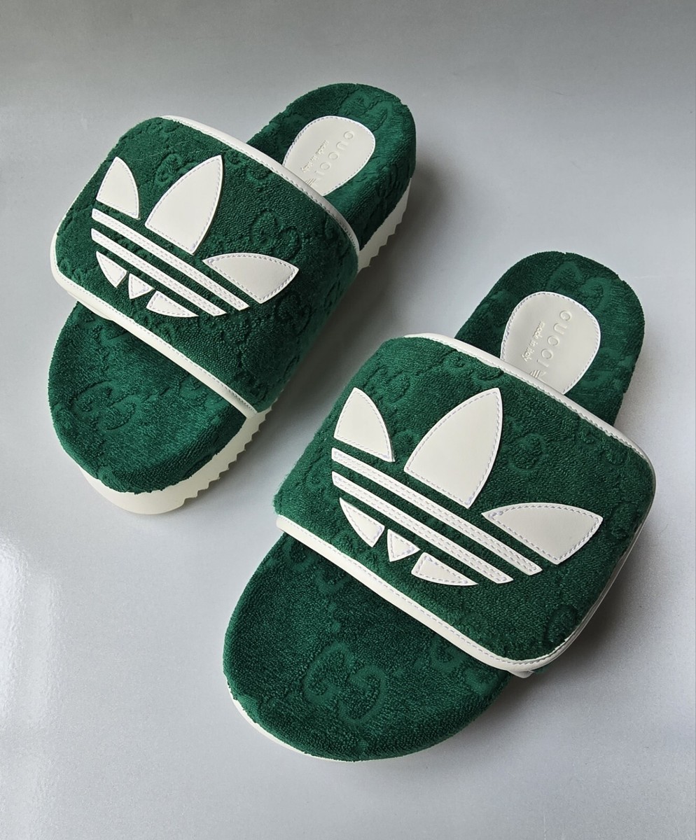 GUCCI x Adidas Supreme GG Logo Green White Slides 8.5 US ~ 8 UK