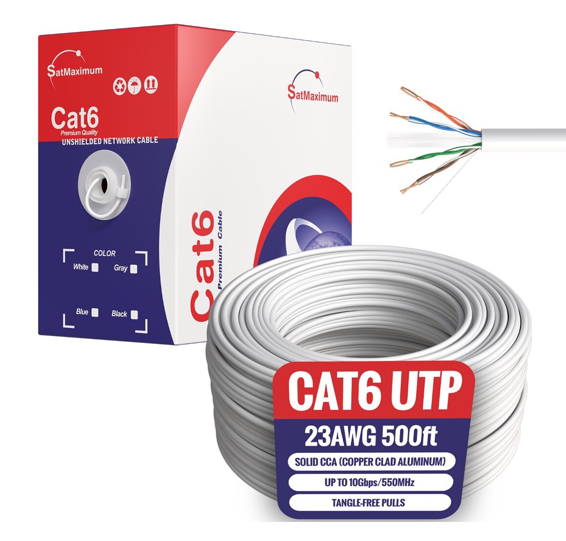 CAT6 UTP 500ft White Network Cable 23AWG CCA Bulk Solid Wire Pull