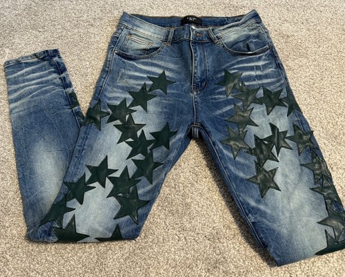 Amiri Star Green Leather Appliqué Denim Jeans Size 32 | eBay