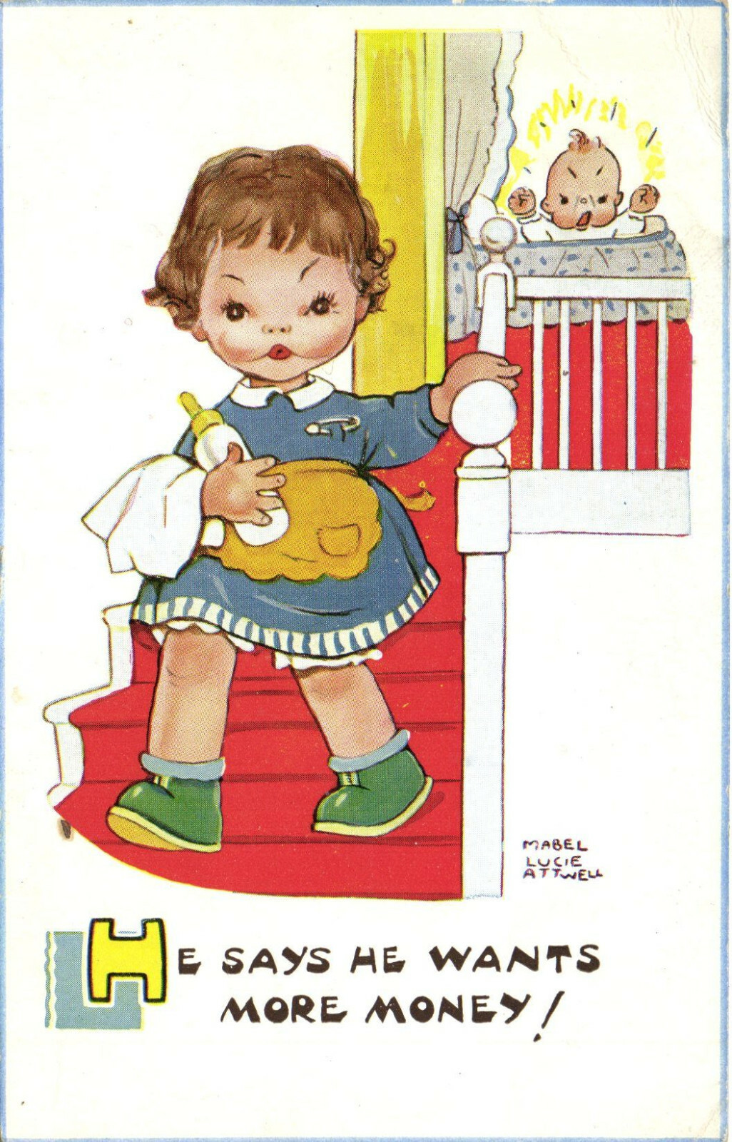 PC MABEL LUCIE ATTWELL, ARTIST SIGNED, HE SAYS, Vintage Postcard