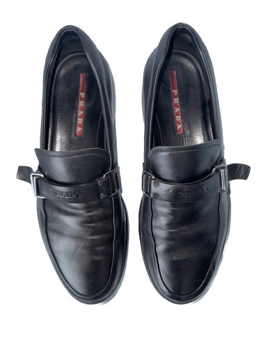 $850 Prada Black Leather Logo Buckle Linea Rossa Loafer UK 9 US 10