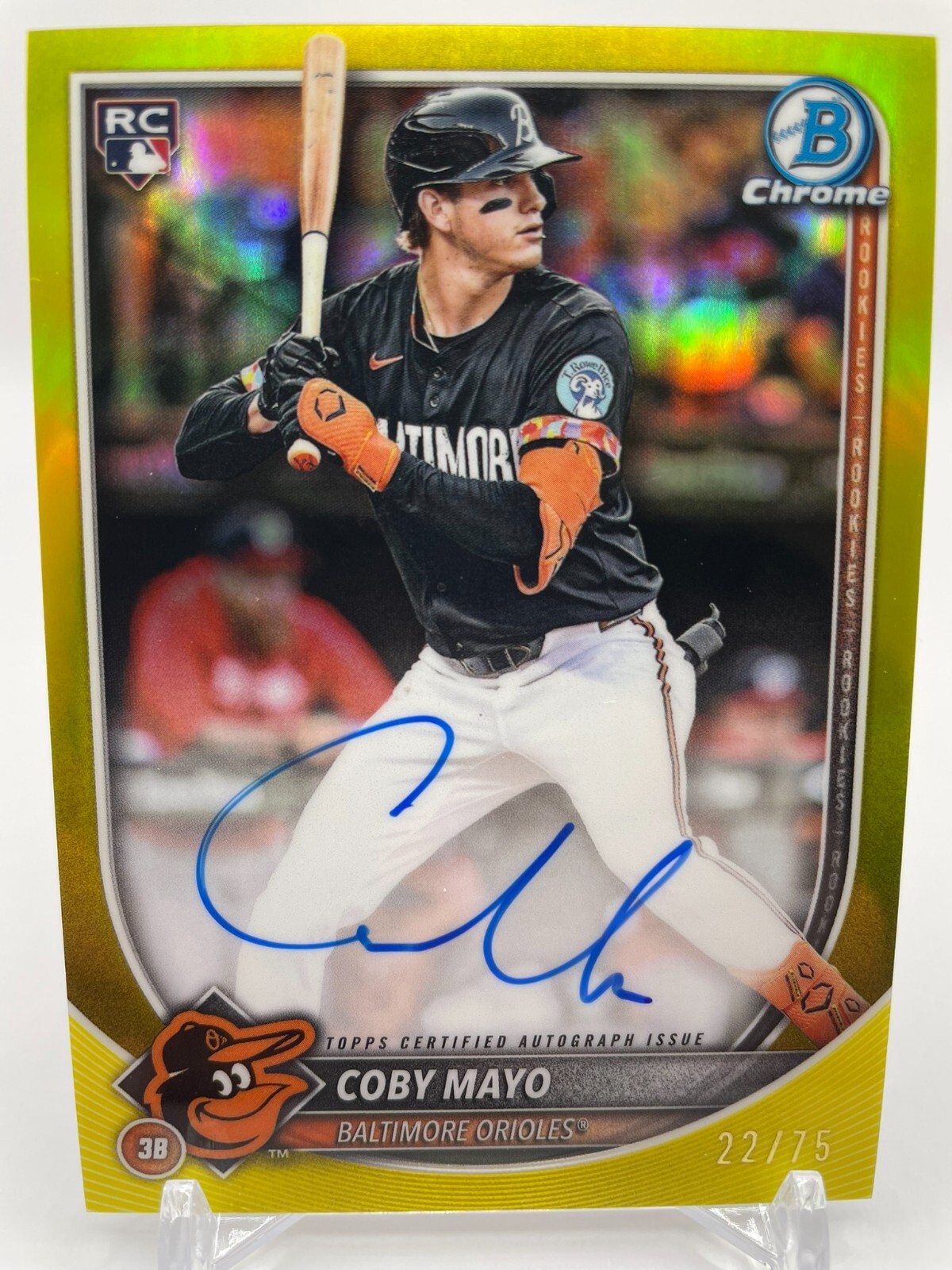 🔥 2025 Bowman Chrome Coby Mayo Yellow Refractor On-card Auto /75