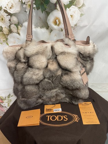 TOD'S NEW FLOWER LARGE NEUTRAL/MULTI FOX FUR LEATHER TOTE BAG NWTS
