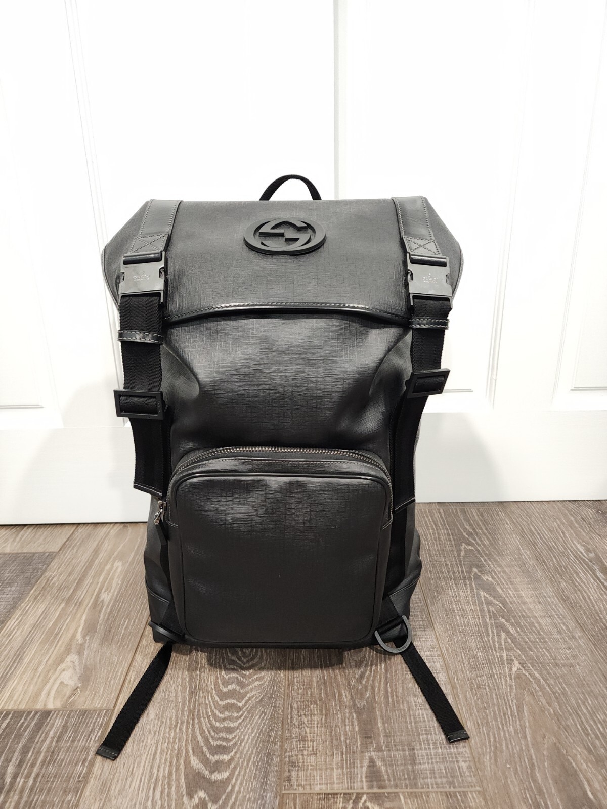 Authentic Large Black Gucci Coated Canvas Interlocking G Backpack