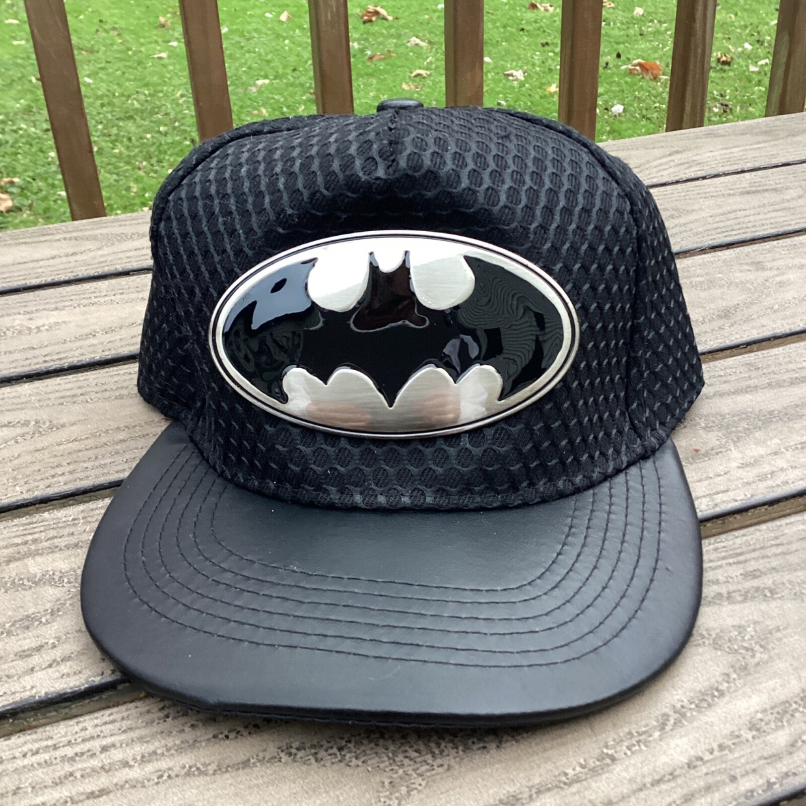 Batman Logo Snapback Hat Black Faux Leather Brim Baseball Cap | eBay