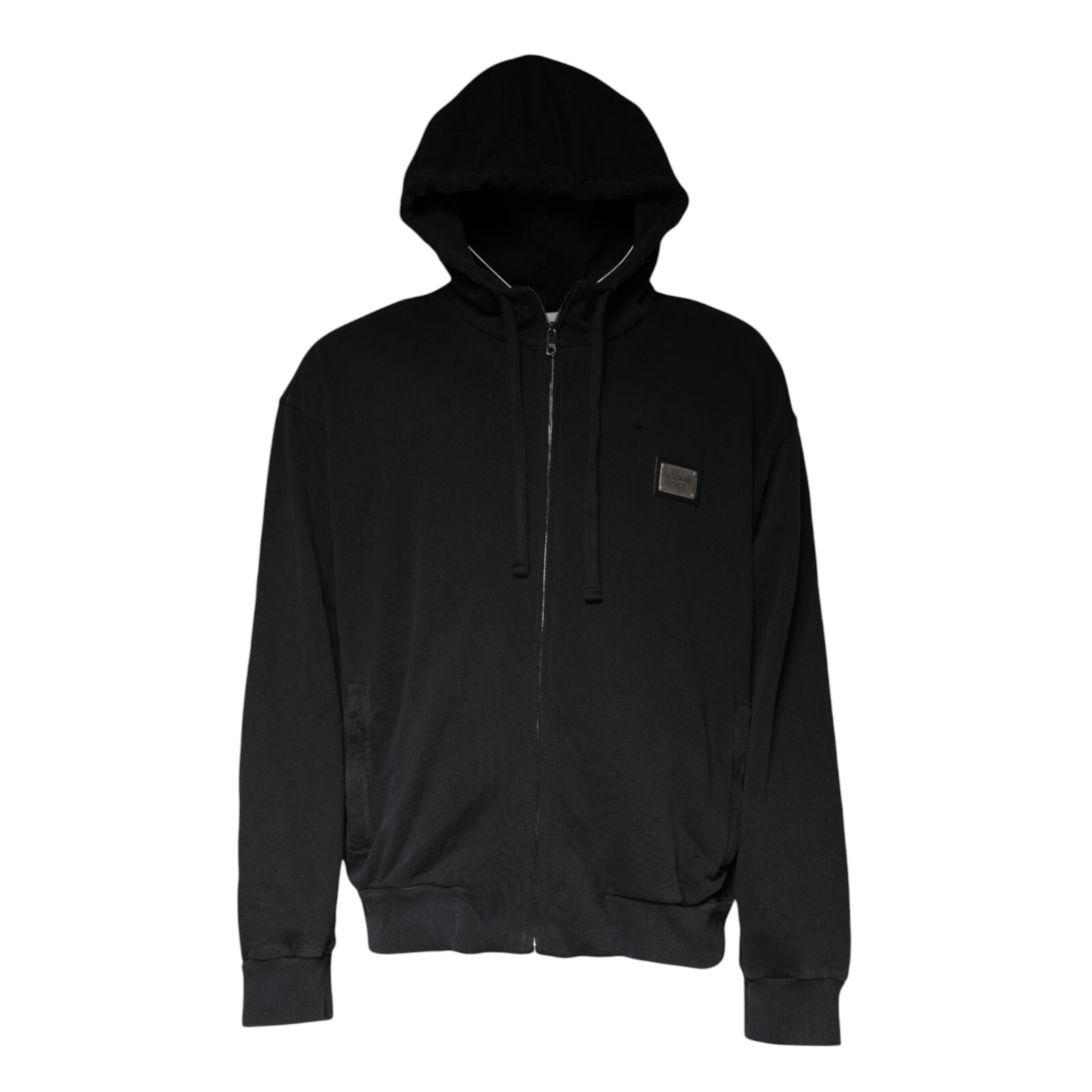 DOLCE & GABBANA Sweater Black Logo Plaque Hooded Full Zip IT54