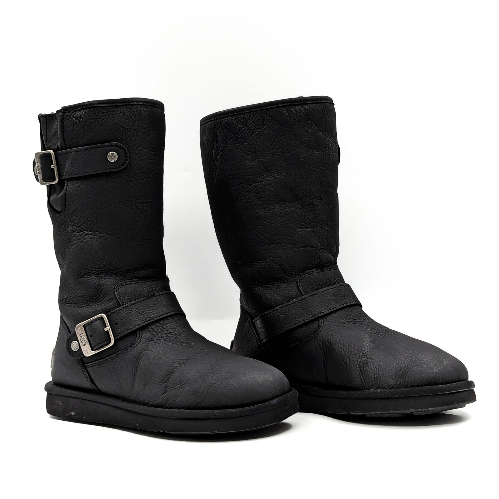 UGG Australia Women Sutter Black Leather Dual Buckle Moto Biker