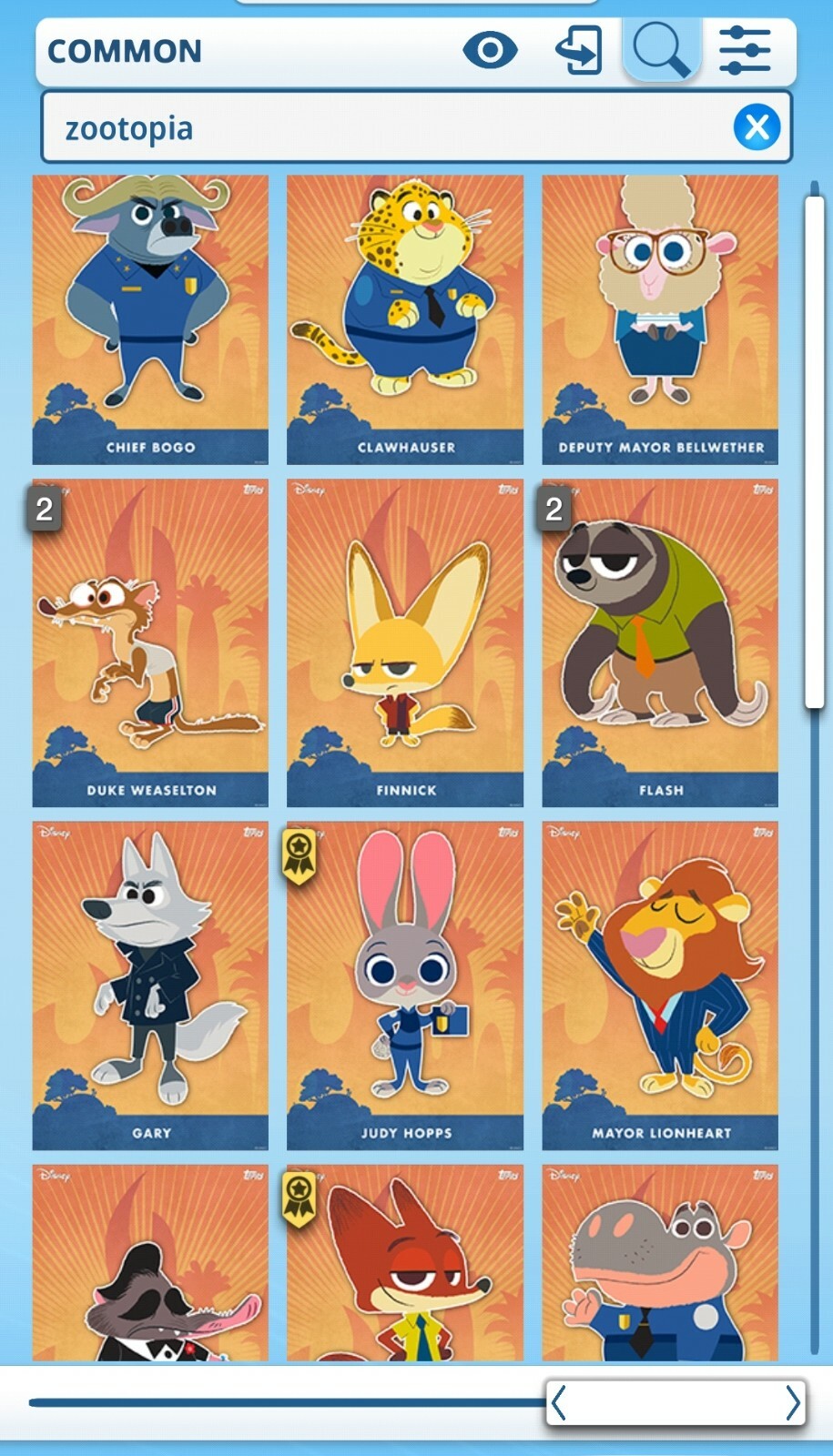 Topps Disney Collect - Zootopia Characters common set with 2