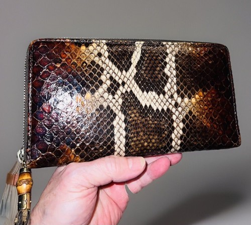 GUCCI Brown Diamond Python Snakeskin Exotic Leather Zippy Wallet